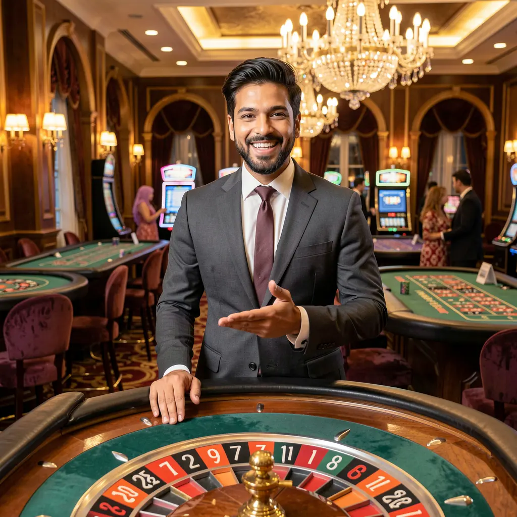 Confident live casino dealer standing at a roulette table in a luxury studio atmosphere highlighting the premium live casino experience at 75OK for Bangladeshi players